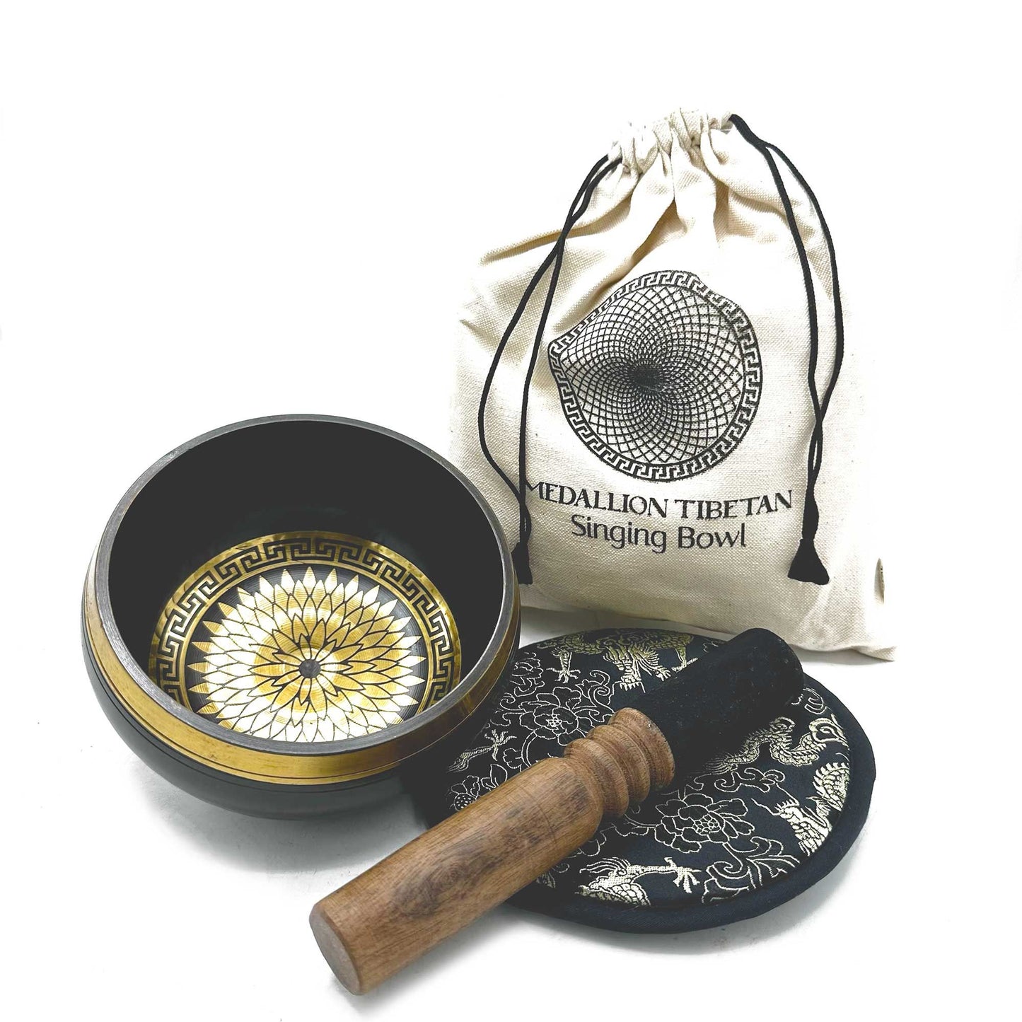 Hand-Hammered and Engraved Singing Bowl Gift Set – 14 cm – Round Medallions
